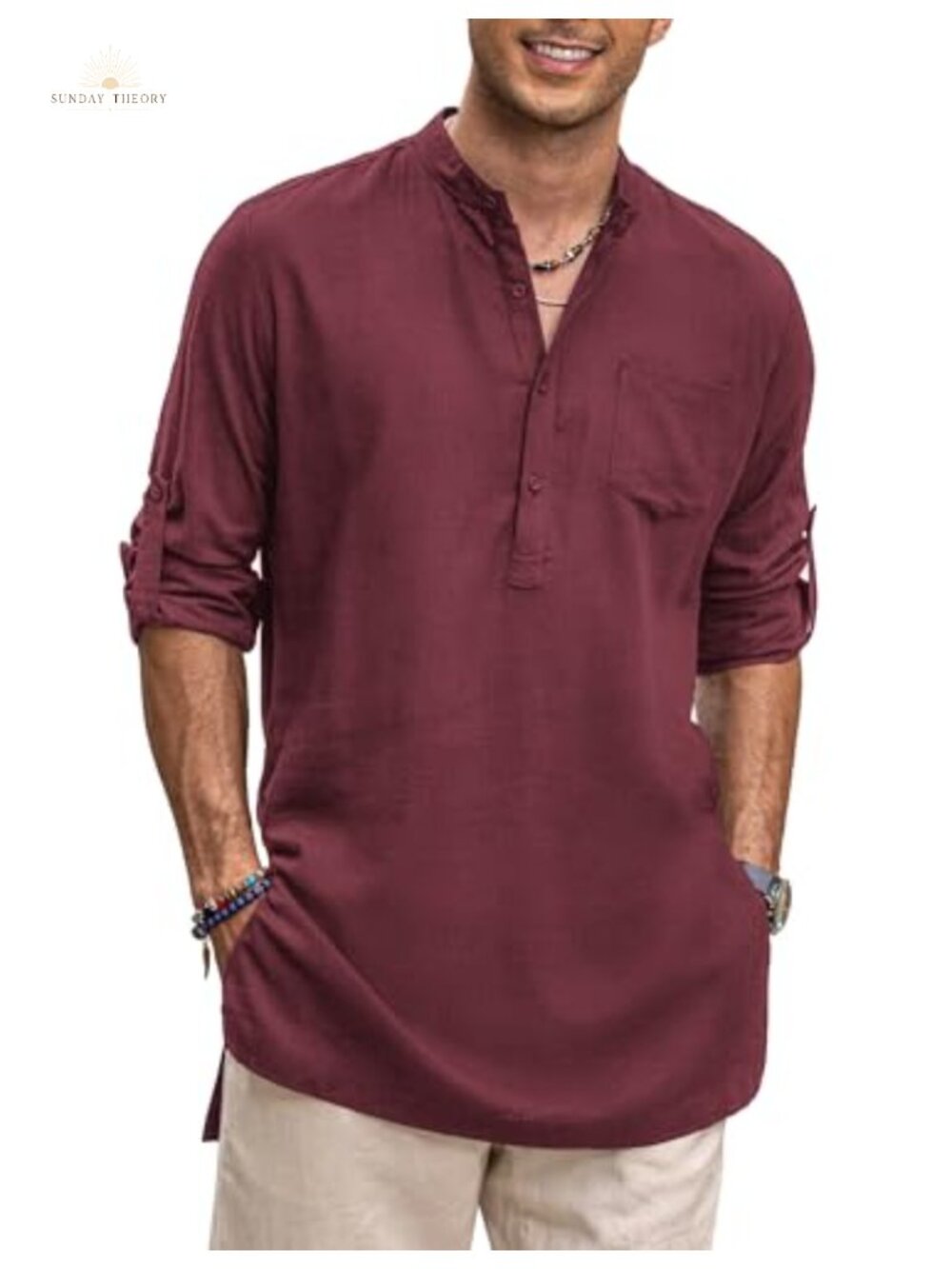 Linen Henley Shirt Long Sleeve Collarless Longline Kurta Beach T-Shirt with